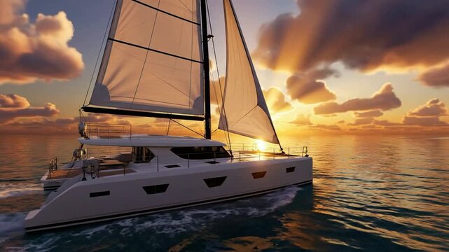 Luxury catamaran sailing at sunset on tropical ocean waters, cinematic travel background, sailboat yacht