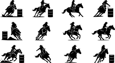 Obraz premium Rodeo barrel racer silhouette icon set, flat black glyph style, pure white background