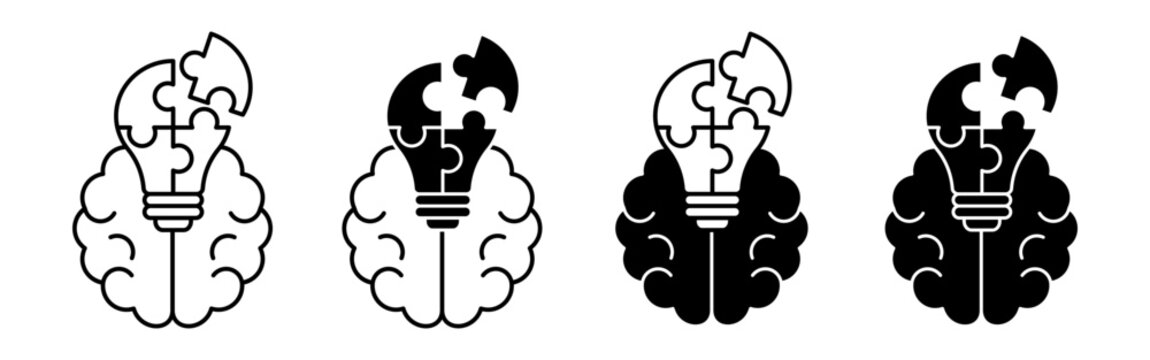 Brain icons with puzzle pieces and light bulbs displayed in a sequence