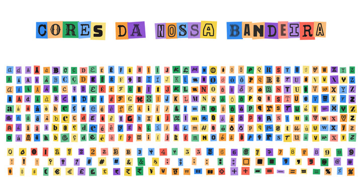 Cores da nossa bandeira, alfabeto estilo carta de resgate, letras recortadas coloridas para design criativo e colagens digitais modernas