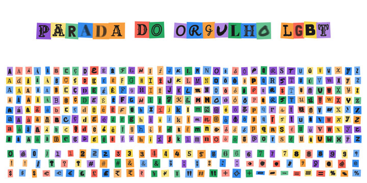 PARADA DO ORGULHO LGBT, alfabeto estilo carta de resgate, letras recortadas de revista, tipografia colorida para design criativo e convites
