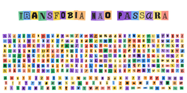 Transfobia nao passara, alfabeto estilo carta de resgate, letras recortadas de revista, tipografia colorida para design de protesto e ativismo social