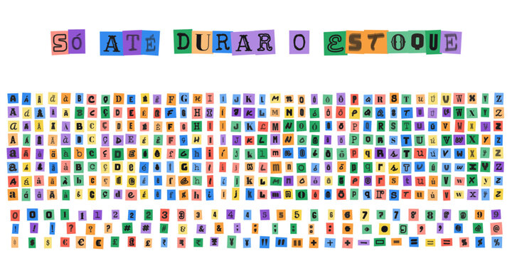 SO ATE DURAR O ESTOQUE ransom note alphabet letters numbers symbols for creative design projects and urgent sale marketing banners