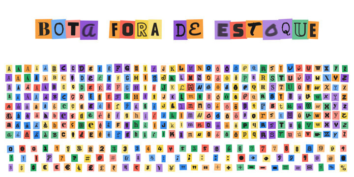BOTA FORA DE ESTOQUE, alfabeto estilo carta de sequestro, letras recortadas de revistas, tipografia criativa para design de cartazes promocionais
