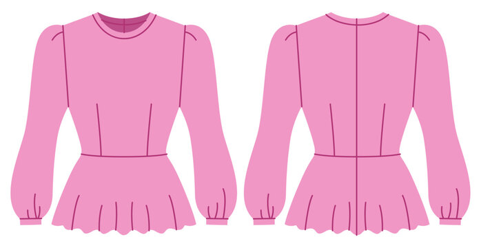 Pink peplum top with fitted bodice, long puff sleeves flared hem creating feminine structured silhouette with clean shaping seams. Technical fashion illustration in flat color, front back views