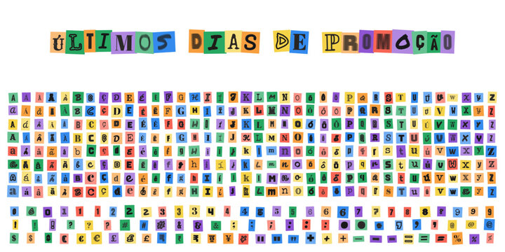 ULTIMOS DIAS DE PROMOCAO, alfabeto de letras recortadas estilo carta de resgate, conjunto de caracteres tipograficos para design criativo