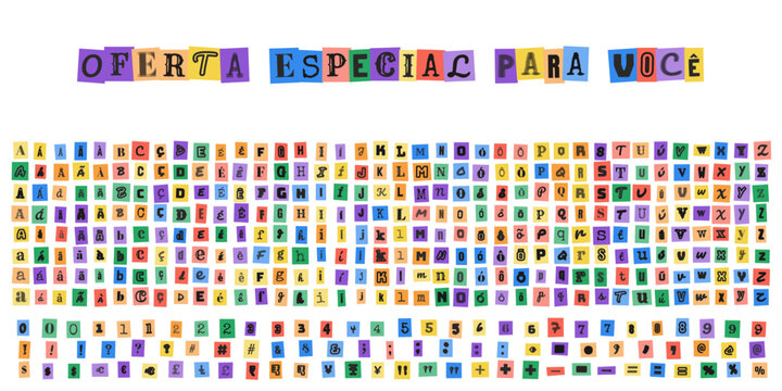 OFERTA ESPECIAL PARA VOCE, alfabeto estilo carta de resgate, letras e numeros recortados de revistas para design criativo e colagens tipograficas