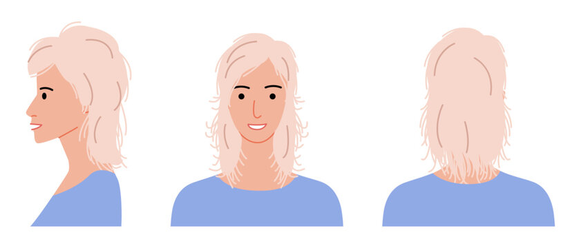 Feathered Hair hairstyle flat vector front back profile views, layered hair shape soft texture composition for avatar, beauty app, interface, fashion illustration