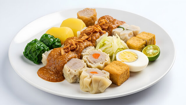 A plate of traditional Indonesian Siomay with peanut sauce, various steamed vegetables, tofu, and egg.
