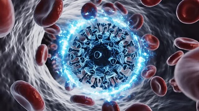 Microscopic view of virus infecting red blood cells in bloodstream.