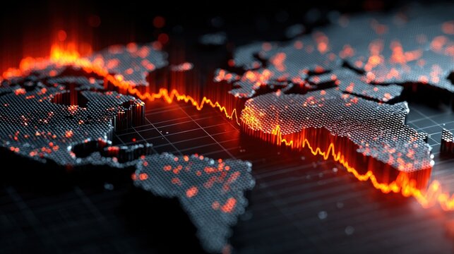 Close up perspective of a 3D digital world map with glowing orange energy fissures representing global instability or tectonic shifts.