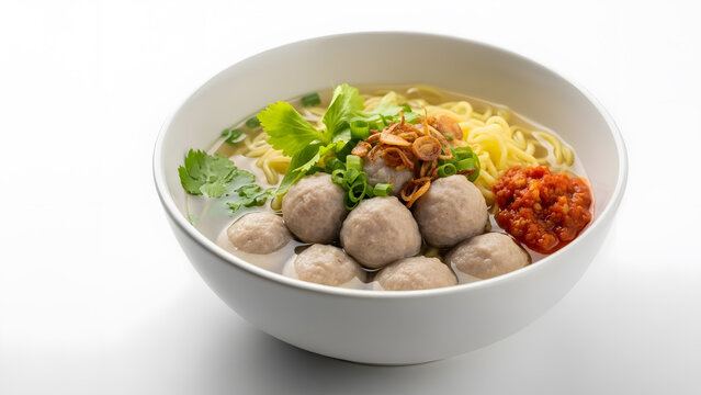 A close-up shot of a delicious bowl of Indonesian bakso soup with yellow noodles, various sizes of meatballs, green herbs, crispy fried shallots, and a vibrant red chili paste, served in a white bowl.