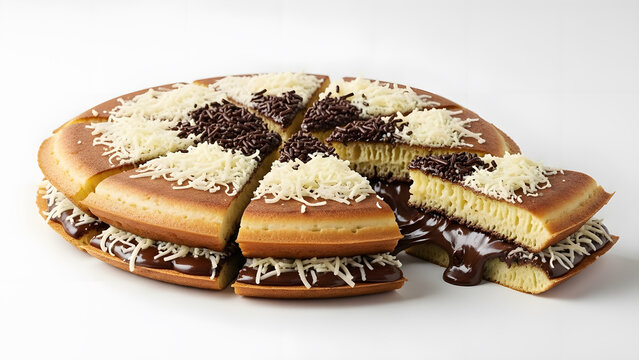 Indonesian sweet pancake martabak manis with chocolate and grated cheese toppings, sliced into wedges on a white background.