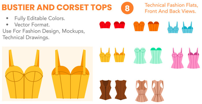 Bustier And Corset Tops collection featuring editable technical fashion flats with front and back views, color versions, strapless shapes and lace up details. Vector illustration