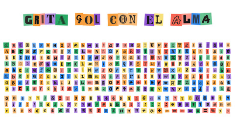 Grita gol con el alma, abecedario estilo nota de rescate, letras recortadas de revistas para diseno grafico creativo y tipografia urbana © velikiyzayats