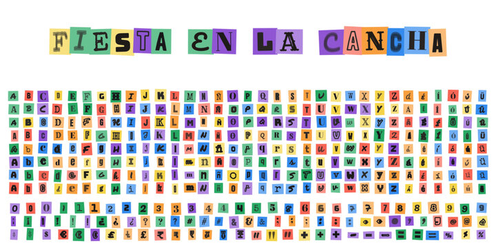 Fiesta en la cancha, abecedario estilo nota de rescate con letras recortadas de revistas para diseno grafico creativo y carteles