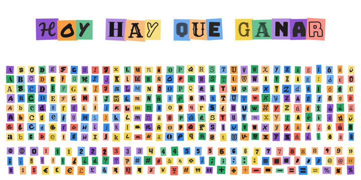 Hoy hay que ganar, letras estilo nota de rescate, alfabeto recortado de revistas, tipografia de estilo anonimo para diseno grafico y carteles