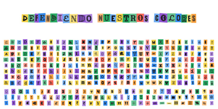 Defendiendo nuestros colores, abecedario estilo nota de rescate con letras recortadas de revistas para diseno grafico creativo y tipografia