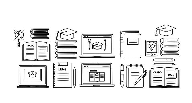 Online education and academic research thin line icons featuring digital classroom and library symbols for school website interface design in clean professional vector graphic style