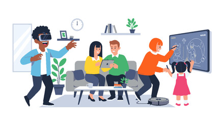 Fototapeta premium Modern family embracing future technology at home, engaging with virtual reality, digital tablets, and interactive learning screens.