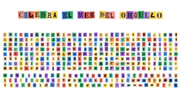 Celebra el mes del orgullo, abecedario de letras recortadas estilo collage para diseno grafico, tipografia colorida para carteles de diversidad