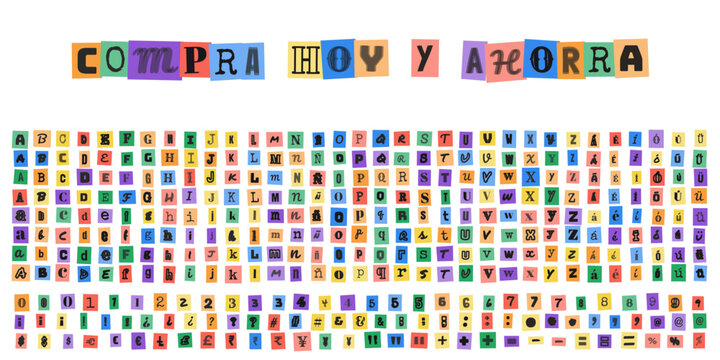 COMPRA HOY Y AHORRA, letras estilo nota de rescate, alfabeto recortado de revistas para diseno grafico, tipografia creativa y divertida