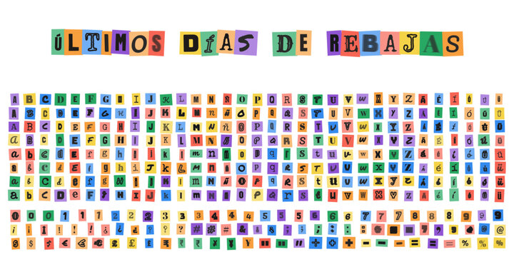 Ultimos dias de rebajas, letras de recorte estilo nota de rescate para diseno grafico, tipografia creativa para carteles de ofertas