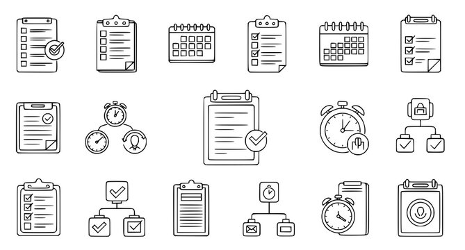 Project management and task planning timeline outline icon set for professional business productivity and organization