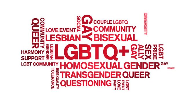 LGBTQ+ animated word cloud-text design animation tag kinetic typography seamless loop.