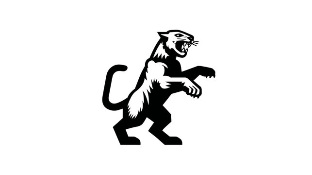 Aggressive stylized black and white illustration of a roaring big cat standing on hind legs, powerful panther or cougar mascot design