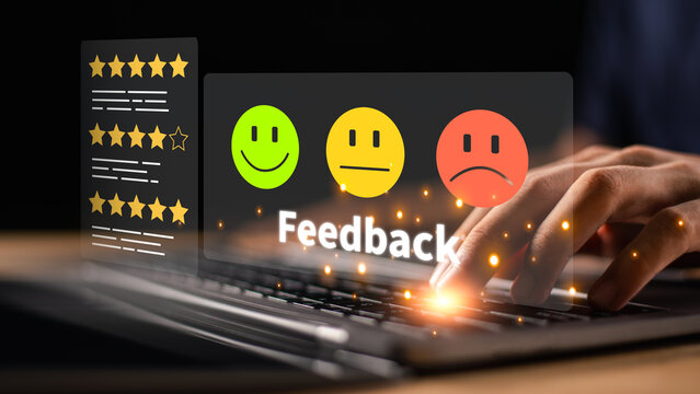 Marketing specialist analyzing customer satisfaction feedback through digital survey ratings and online review metrics to improve service quality, client experience, retention, and brand trust.