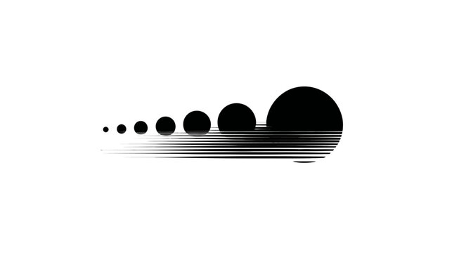 Abstract minimalist graphic of black circles in progressive motion, symbolizing growth, speed, and digital data loading progress on white background.