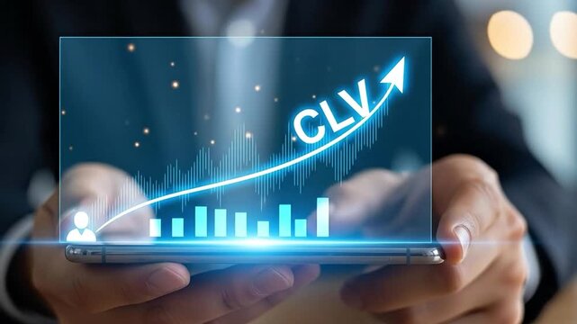 Customer Lifetime Value Growth Concept on Smartphone Screen Held by Business Professional for Marketing Analytics Strategy