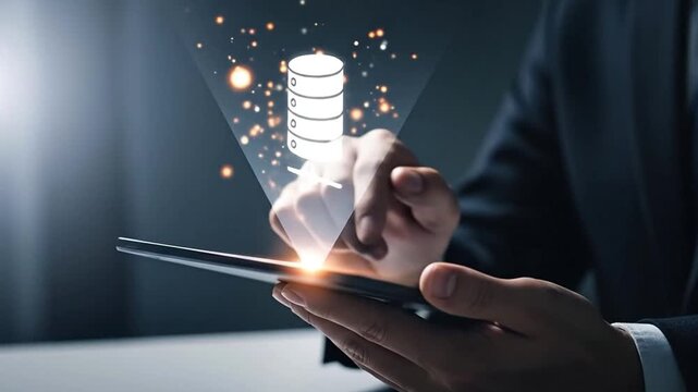 Businessman using tablet with holographic server icon for cloud data management and digital infrastructure analysis