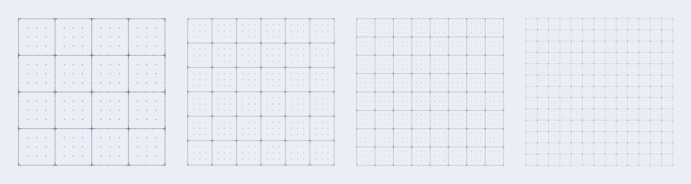 Square grid collection dot axis cross geometry, four samples blueprint style. Point alignment lattice structure, interface layouts editorial planning sheets dashboards digital technology graphics.