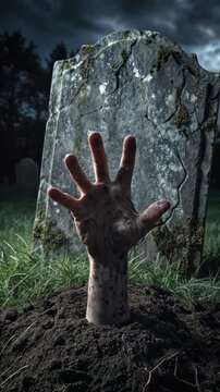 Zombie hand emerging from fresh grave in moonlit cemetery. Horror concept for Halloween and supernatural themes. Vertical video with tilting camera movement.