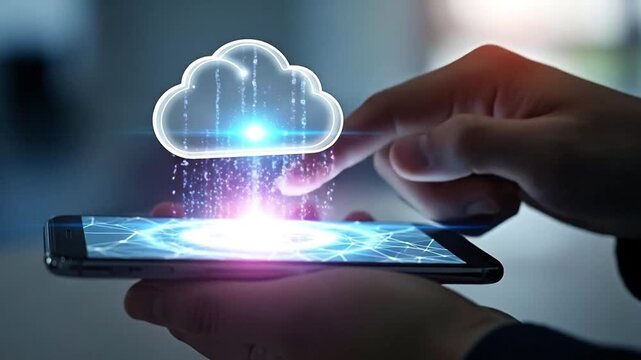Person using smartphone with holographic cloud computing interface for mobile data synchronization and digital network connectivity