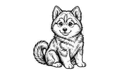 Cute Husky Puppy Drawing, Sitting, Happy Expression, Black and White Sketch © Cimol