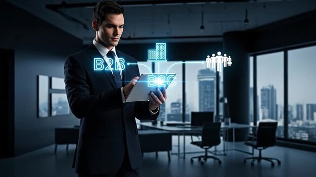 Businessman using tablet with glowing B2B and B2C digital marketing icons in modern office for corporate strategy
