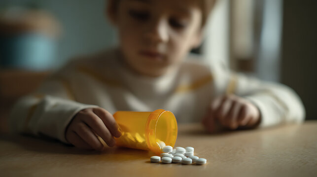 Young child observes scattered white pills and an overturned orange bottle on a wooden table, emphasizing childhood safety issues with medicine