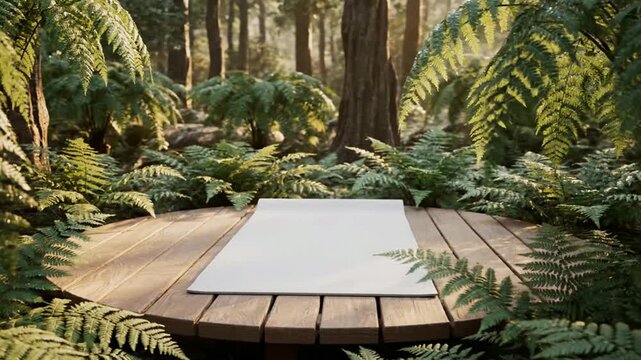 Empty yoga mat on wooden deck in lush forest setting for wellness and meditation mindfulness nature