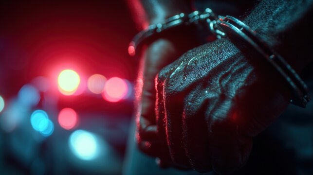 Criminal suspect hands bound in handcuffs under dramatic police car lighting.
