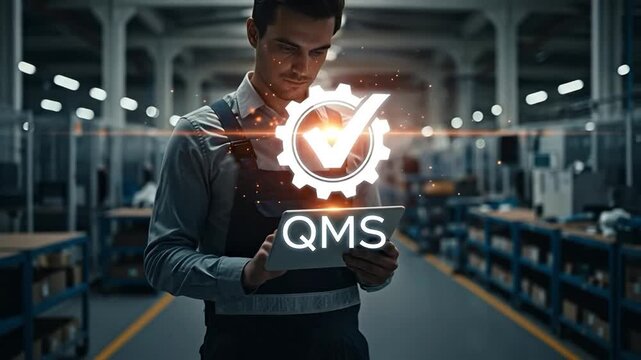 Young Male Factory Worker Using Digital Tablet for Quality Management System QMS Compliance and Industrial Process Control