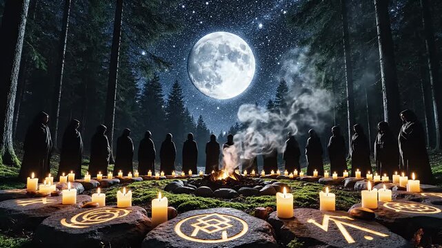 Moonlit Occult Fantasy Ritual With Hooded Figures Encircling a Glowing Altar Under a Full Moon
