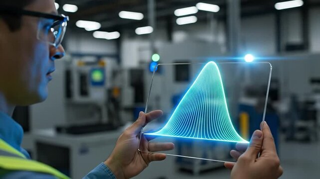 Male Industrial Engineer Analyzing Normal Distribution Bell Curve Data on Transparent Tablet in Smart Factory