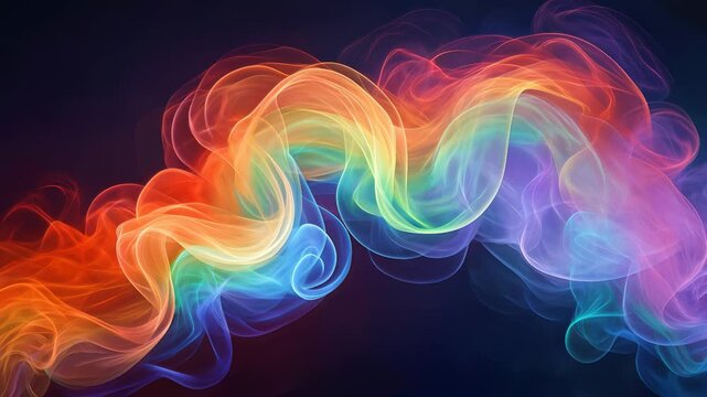 Rainbow colored smoke swirling against dark background. Abstract fluid motion of vibrant spectrum colors. Diagonal panning shot.