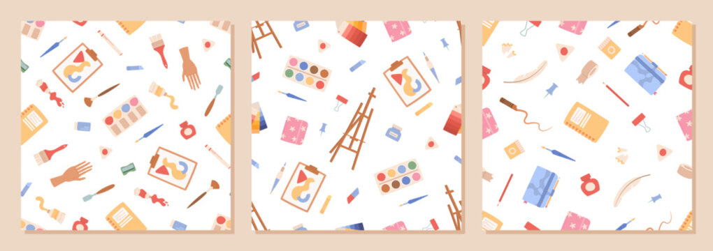 Flat artist tools seamless pattern on white background set. Painting and watercolor palette with brush and pencil as cute cartoon art. Creative toolkit set suits school craft class or workshop,