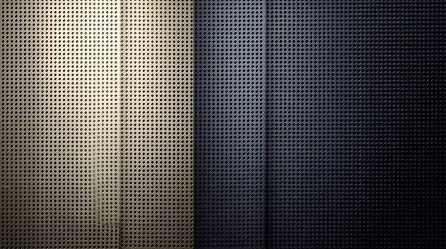 3D rendering of perforated metal panels. Metallic brass, gold and dark grey steel grid mesh texture for industrial background design.