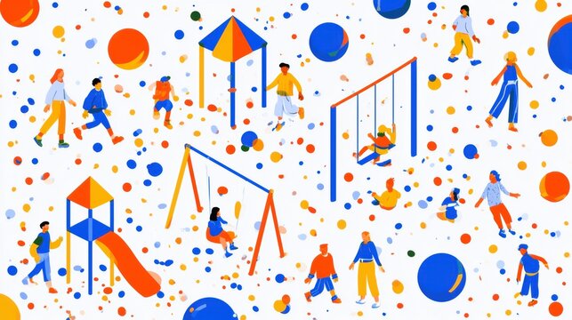 Children are playing on a playground at recess. They swing, climb, and run around colorful structures with a bright, abstract background.