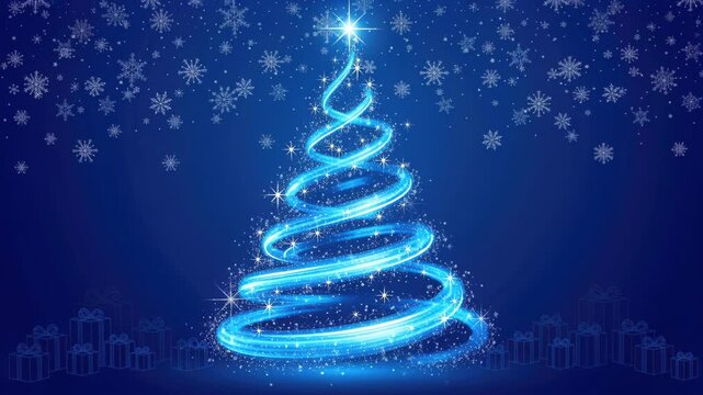 Blue Christmas Tree Swirl: A mesmerizing abstract Christmas tree composed of swirling blue light, adorned with sparkling stars and snowflakes.
